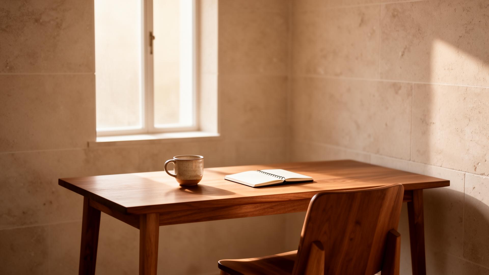 A quiet, sunlit workspace with a wooden desk and ceramic mug